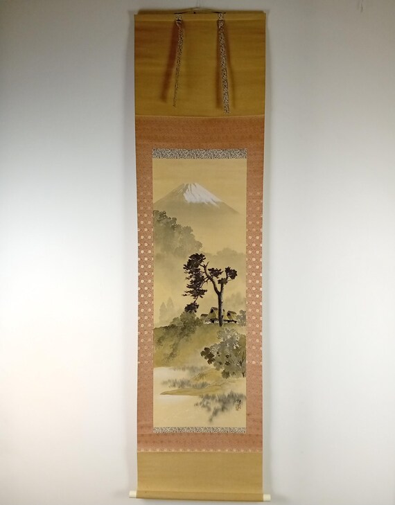 Vintage Japanese ink scroll “Landscape with Mt. Fuji”, silk kakemono (kakejiku), Shōwa period #1818
