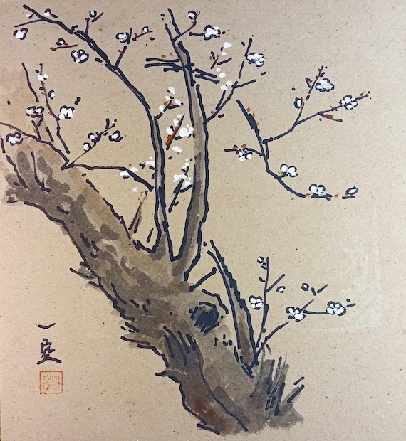 Ikkū - “One Emptiness” - Plum Blossom - vintage Japanese painting on shikishi