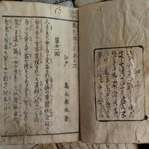 May include: An open book with aged, yellowed pages, featuring Japanese text and illustrations. The text is in black ink, with some areas appearing faded. The book is part of a collection of similar antique books.