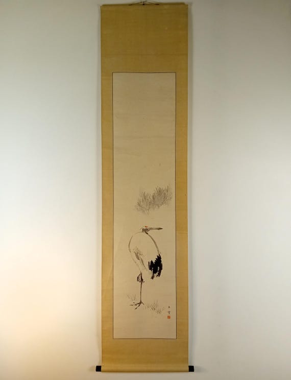 Vintage Japanese crane ink scroll, kakemono (kakejiku), early–mid Showa #1807