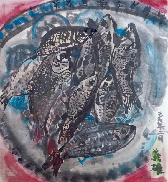 Vintage Shōwa Japanese ink and color shikishi – Bowl of fish