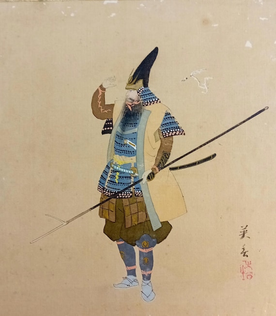 Vintage Taishō–Shōwa Japanese ink and color silk shikishi – samurai figure