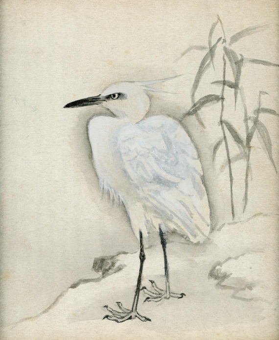 Vintage Japanese Sumi-e, Original Painting 1950s-1960s-1970s (Shōwa period), Ink Drawing on Shikishi, Asian Art, Minimalism #2048