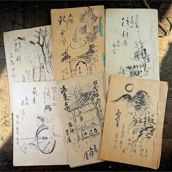 1934 Japanese Haiku Kukai Archive – 6 Manuscript Notebooks with Original Ink Drawings – Doyokai
