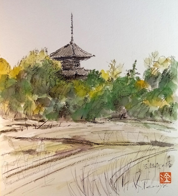 Kinbara Teruya – Hokiji Pagoda – Vintage Japanese Painting on Shikishi