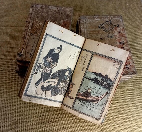 Antique Edo Japanese woodblock book Shunshoku minato no hana - Spring Flowers of the Harbor, set 15