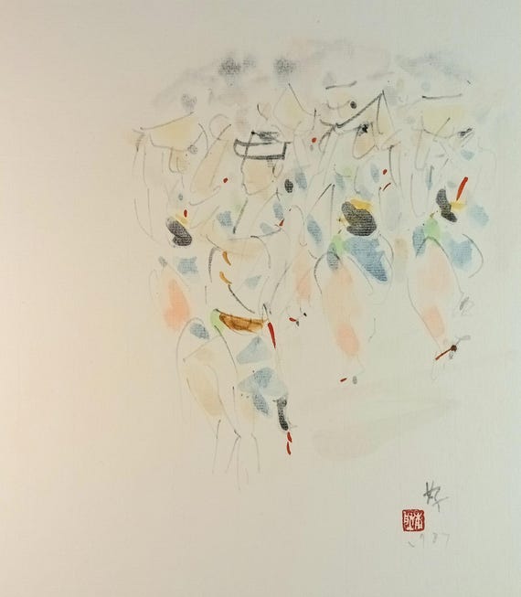 Motofuji Yoshiharu - Awa Odori - vintage Japanese painting on shikishi