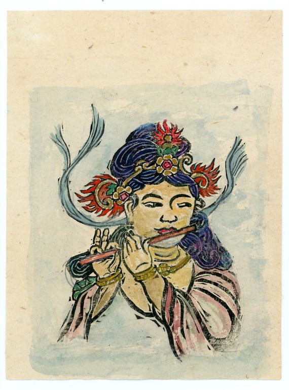 Vintage Japanese hand-painted woodblock print, Authentic, Buddhism, Woodcut