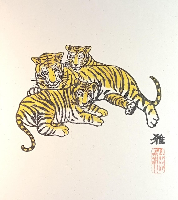 Koyatsu Masami - Three Tigers - Vintage Japanese Painting on Shikishi