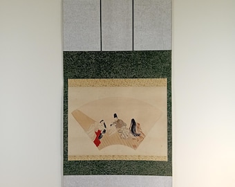Vintage courtly family scene with maternal motif, Japanese ink kakemono (kakejiku), Taishō–early Shōwa (ca. 1920–1935)