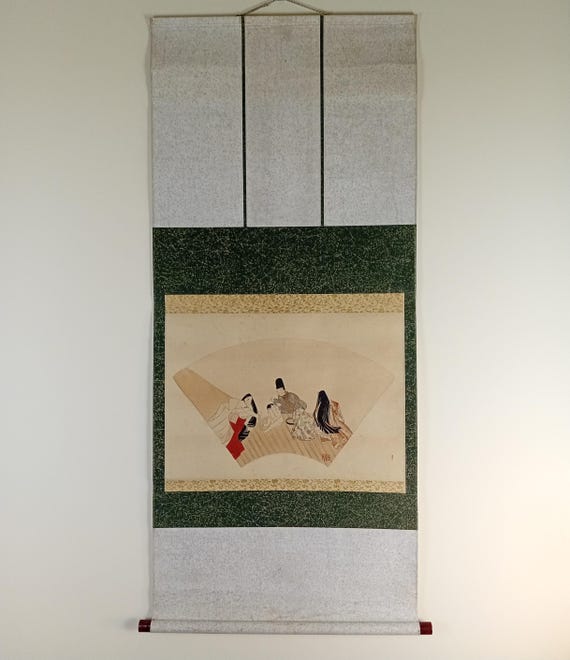 Heian courtly family scene, Yamato-e revival kakemono, Taisho Showa Japanese scroll