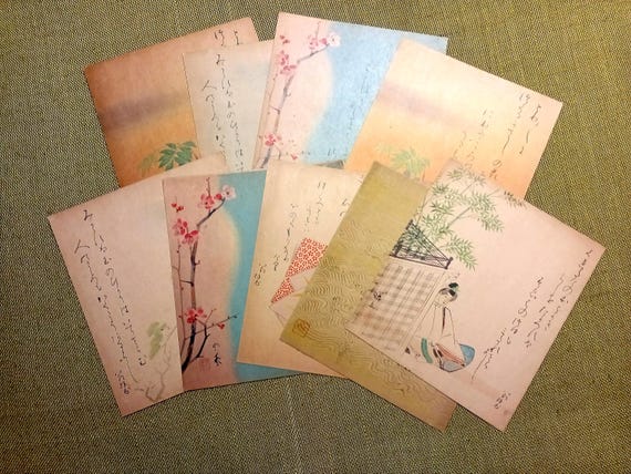Antique (Vintage) Japanese Shikishi Collection, Prints (9), Posters, Sumi-e, Bijin-ga, Ukiyo-e, Minimalism Art, Wall Hanging