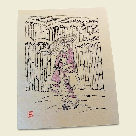 Vintage Japanese woodblock print, Authentic, mid-20th century, Ukiyo-e, Bijin-ga, Woodcut, Suzuki Harunobu 鈴木 春信