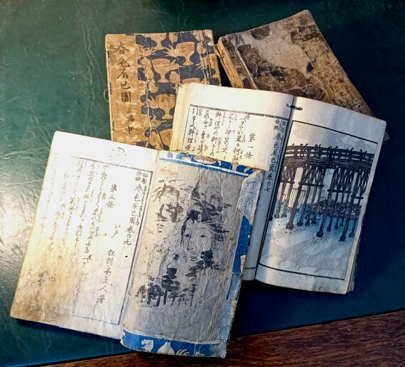 Antique Edo Japanese illustrated woodblock book, 1833-1835, Tamenaga Shunsui, Utagawa Kuninao, set of 12 volumes