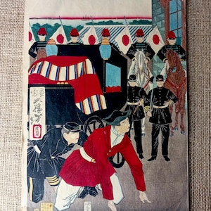 Tsukioka Yoshitoshi, antieke Japanse houtsnede, &quot;Kanjô Station Chakusha&quot;, Meiji-periode, Ukiyo-e, houtsnede