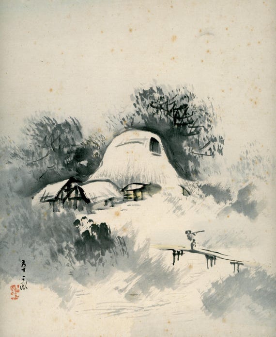 Antique (Vintage) Japanese Sumi-e, Original Painting 1920s-1950s Shōwa period, Ink Drawing on Shikishi,  Minimalism #832 Wall Hanging