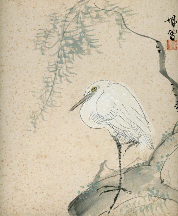 Antique (Vintage) Japanese Sumi-e, Original Painting 1920s-1950s Shōwa period, Ink Drawing on Shikishi,  Minimalism #832 Wall Hanging