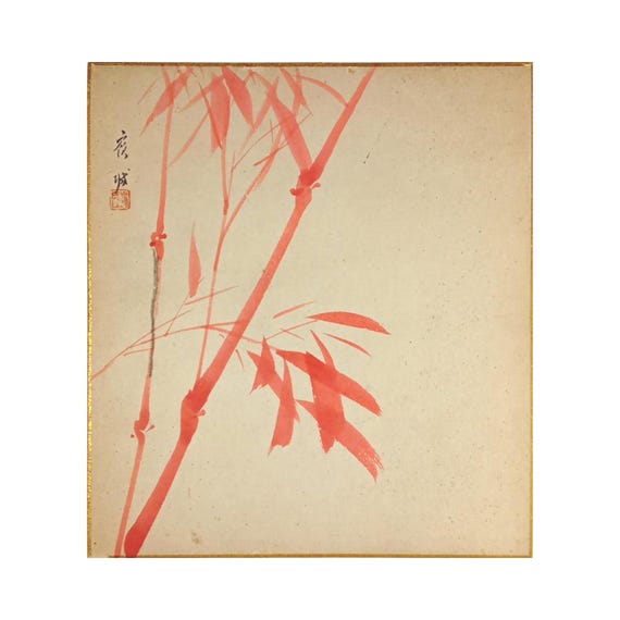 Red Bamboo – Japanese Sumi-e Shikishi Painting, Early–Mid Showa Period