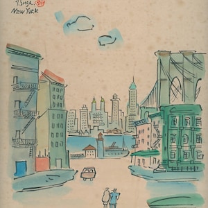 Vintage Japanese Shikishi Ink & Watercolor – “New York” Cityscape by T. Suga (1960s)