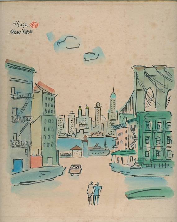 Vintage Japanese Shikishi Ink & Watercolor – “New York” Cityscape by T. Suga (1960s)