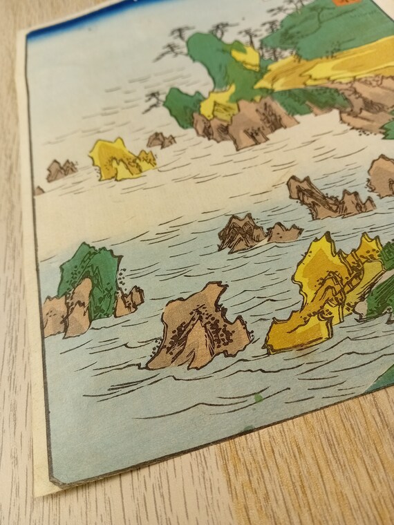 Antique Edo Japanese woodblock print by Hiroshige II - Tojinbo, Echizen Province, 1862