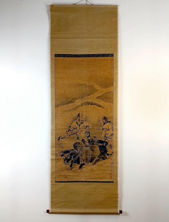 Antique Edo Japanese Scroll — Ox Plowing Scene — Kano / Nanga School Signed Kakejiku by Kokawa Bajun, #942