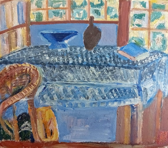 Vintage Shōwa Japanese oil shikishi – interior with table