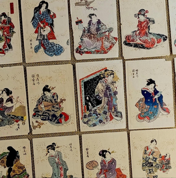 Antique Japanese miniature woodblock prints by Utagawa Kunisada, set of 23