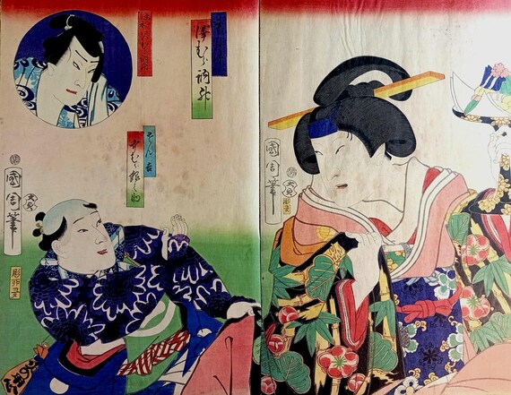 Toyohara Kunichika antique Meiji Japanese woodblock print diptych – kabuki actors