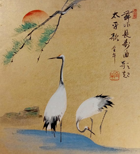 Vintage early Shōwa Japanese ink and color shikishi – cranes