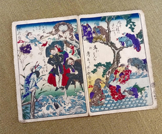 Kawanabe Kyosai Antique woodblock print Kyosai Hyakuzu – two-scene sheet