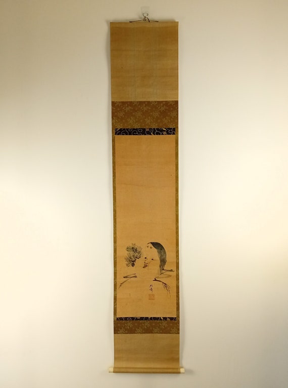 Otafuku (Okame), Vintage Japanese Scroll, Sumi-e, Ink Painting, Kakejiku, Kakemono, Japan Wall Hanging, #425