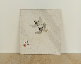 Antique Japanese Sumi-e, Japan Shikishi, Japan Water Ink Painting, Japan Art, Painting on Cardboard, #2057, Japanese Birds