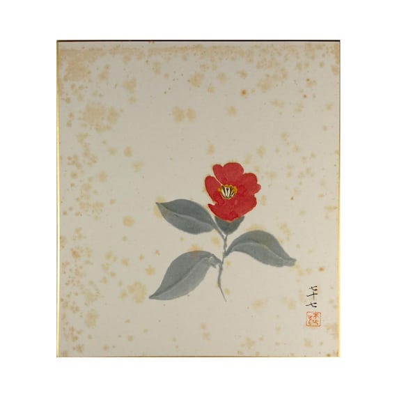 Hirose Fukashi - Camellia - postwar Japanese modernist painting on shikishi
