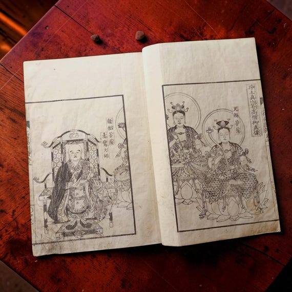 Buddhist reading and illustrated commentary - antique Japanese woodblock books, Edo 1858, set of 4