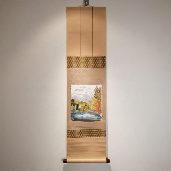 Autumn at the Foot of Snowy Mountains – Japanese Chigiri-e Shikishi with Kakejiku Scroll, Vintage Showa