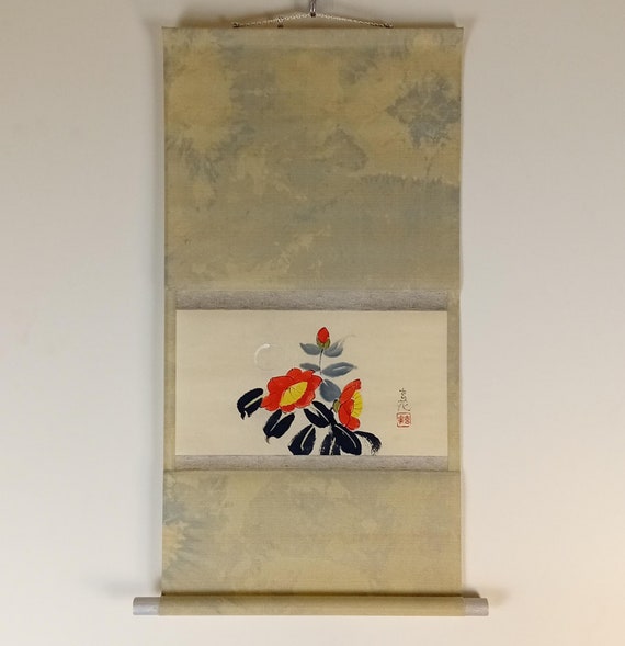 Vintage Japanese Scroll, Sumi-e, Ink Painting on washi, Kakejiku, Kakemono, Wall Hanging, #932, miniature, Genka Imai