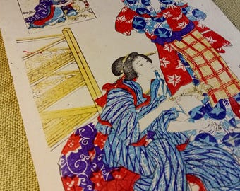 Toyohara Kunichika - antica stampa in legno Meiji ukiyo-e, bijin del baco da seta