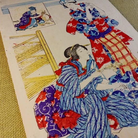 Toyohara Kunichika - antique Meiji ukiyo-e woodblock print, silkworm bijin