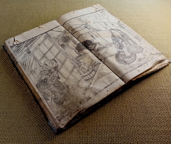 Antique Edo 1841 Japanese woodblock book, illustrated, Shōtei Kinsui, Utagawa school, single vol. “Seasonal Observations: The Flower Basket”