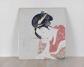 Vintage Japanese Ukiyo-e, Bijinga, Japan Shikishi, Japan Water Ink Painting, Japan Art, Painting on Cardboard, #2029