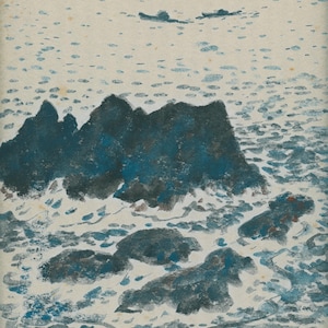 Original Japanese Shikishi Painting – Ishikawa Tōmitsu (一陽会) – Seascape with Rocks and Boats – Mid-20th Century (1960s)