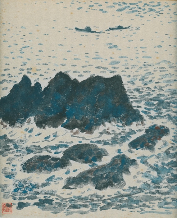 Original Japanese Shikishi Painting – Ishikawa Tōmitsu (一陽会) – Seascape with Rocks and Boats – Mid-20th Century (1960s)
