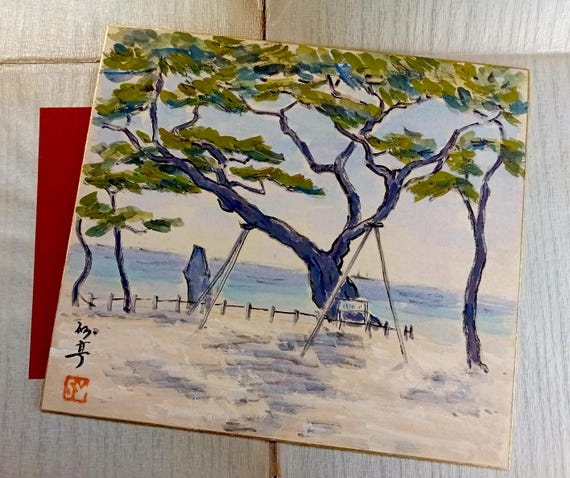 Vintage Japanese shikishi coastal landscape, Shōwa period