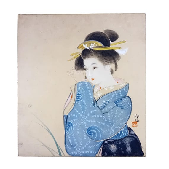 Vintage mid 20th century Japanese ink and color shikishi - beauty with butterfly