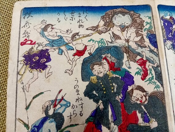 Kawanabe Kyosai Antique woodblock print Kyosai Hyakuzu – two-scene sheet