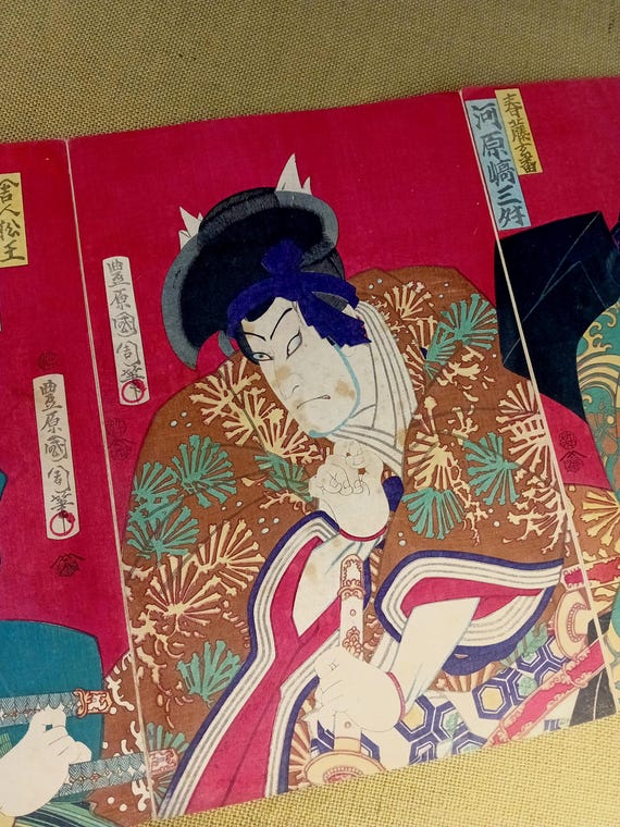 Toyohara Kunichika antique Meiji Japanese woodblock print double-sided triptych – kabuki actors, 6 sheets