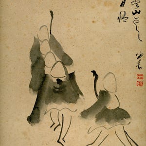 Sumi-e japonés antiguo (vintage), pintura original del período Shōwa de las décadas de 1920 a 1950, dibujo a tinta sobre shikishi, minimalismo n.° 832 para colgar en la pared.