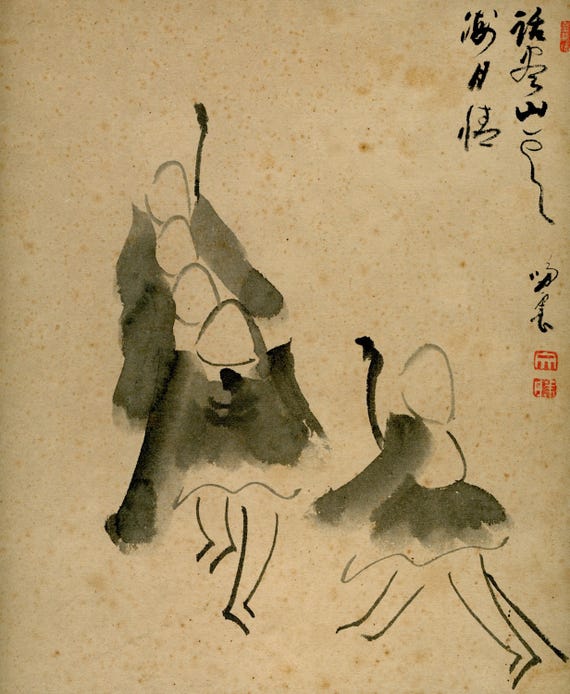 Antique (Vintage) Japanese Sumi-e, Original Painting 1920s-1950s Shōwa period, Ink Drawing on Shikishi,  Minimalism #832 Wall Hanging