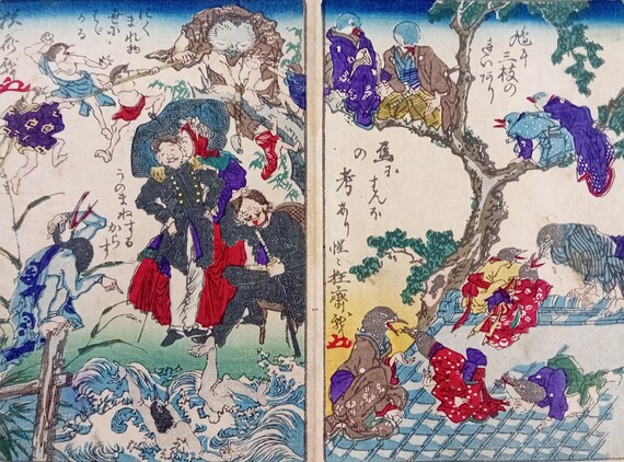 Kawanabe Kyosai Antique woodblock print Kyosai Hyakuzu – two-scene sheet